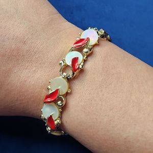 Marhill Vintage 50s Mother Of Pearl Red Enamel Gold Dainty Bracelet